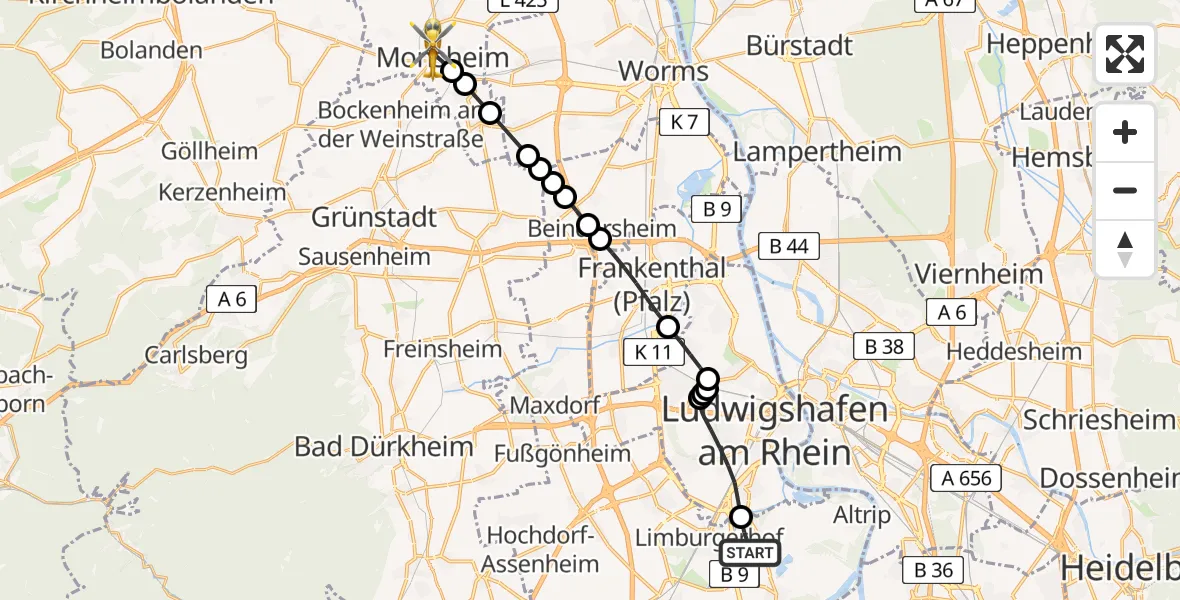 Flugroute Rettungshubschrauber Neuhofen - Monsheim, 29 Juni 2026, 12:49