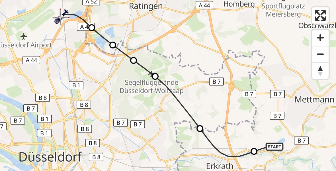 Flugroute Polizeihubschrauber Mettmann - Düsseldorf Flughafen, 29 Juni 2026, 12:52