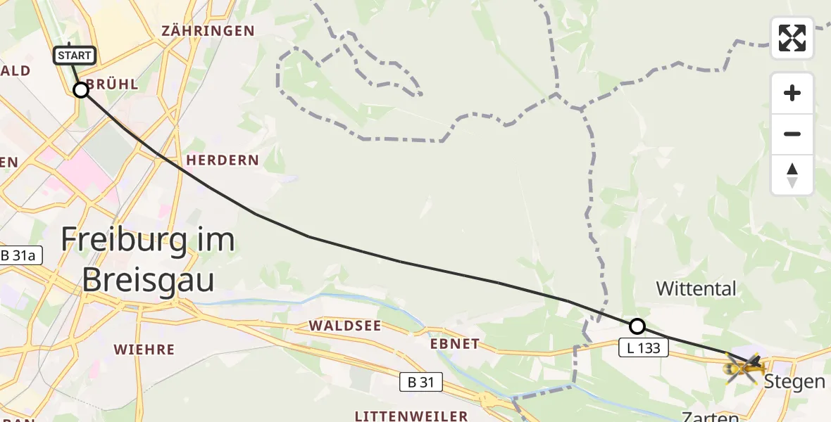 Flugroute Ambulanzhubschrauber Freiburg im Breisgau Flugplatz - Stegen, 29 Juni 2026, 12:59