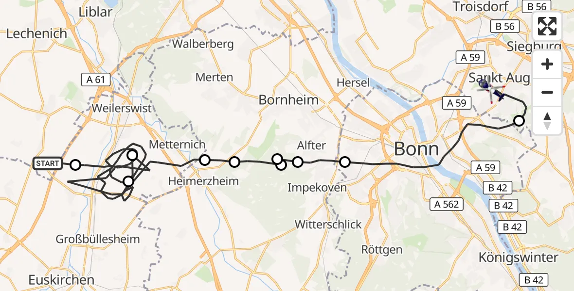Flugroute Polizeihubschrauber Erftstadt - Bonn-Hangelar Flugplatz, 29 Juni 2026, 13:02