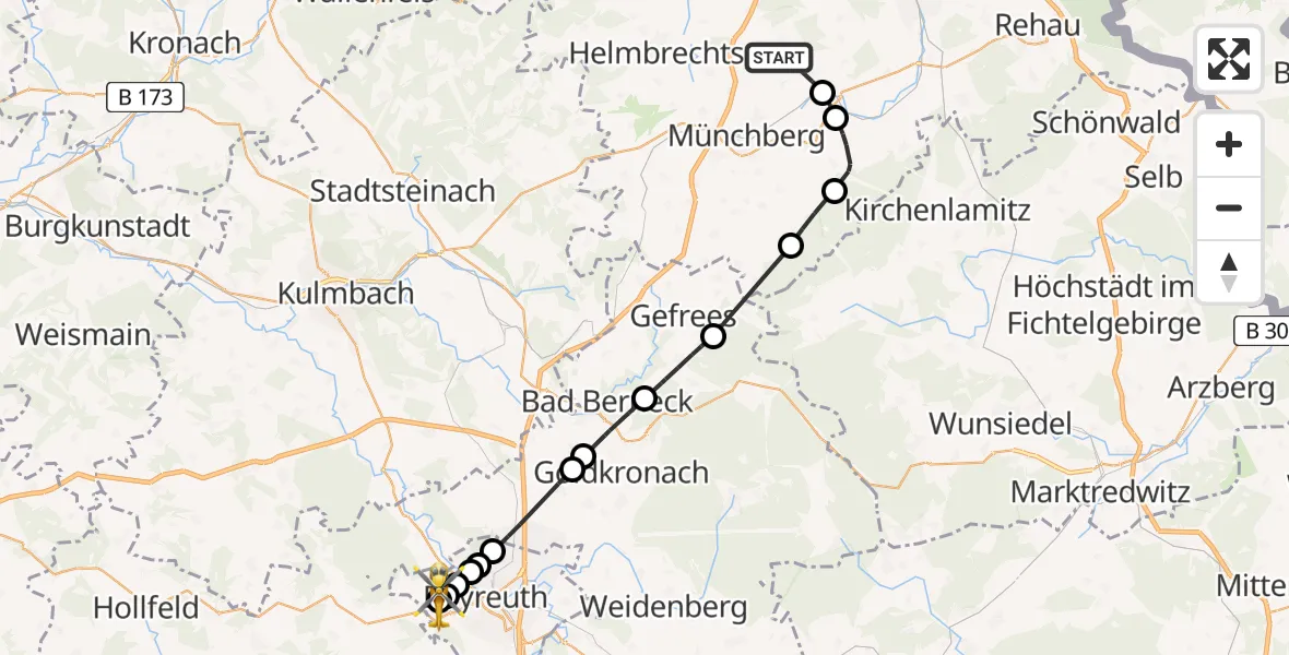 Flugroute Rettungshubschrauber Konradsreuth - Bayreuth Hospital, 29 Juni 2026, 13:06