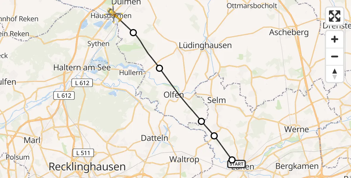 Flugroute Rettungshubschrauber Sankt Marien Hospital - Dülmen, 29 Juni 2026, 13:08