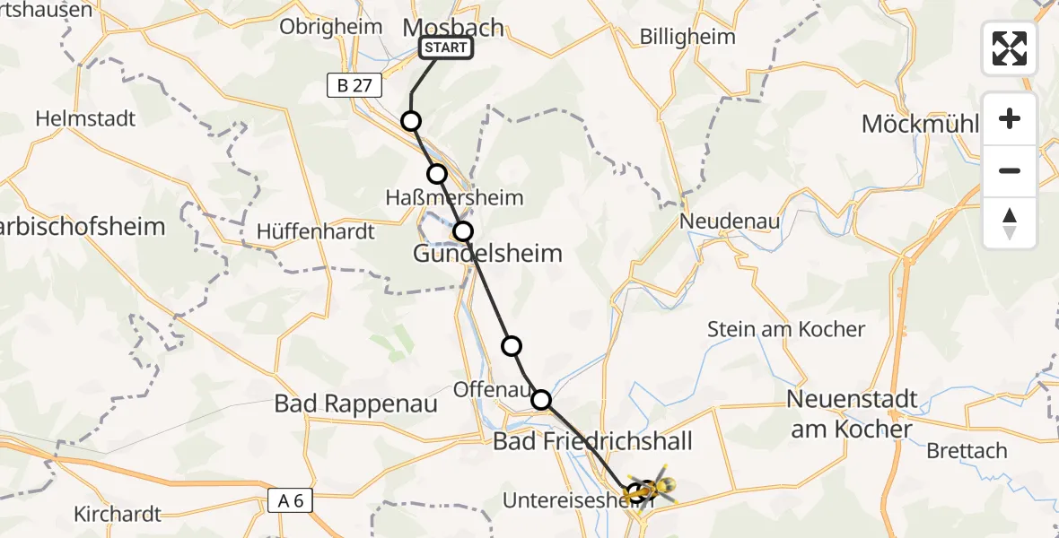Flugroute Rettungshubschrauber Mosbach - Klinikum am Plattenwald, 29 Juni 2026, 13:08