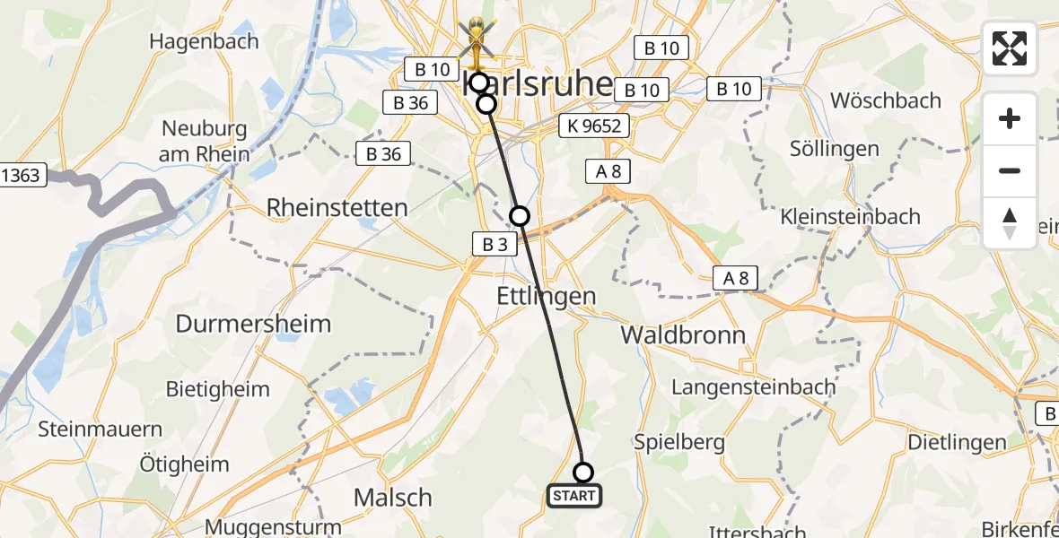 Flugroute Ambulanzhubschrauber Marxzell - Karlsruhe, 29 Juni 2026, 13:10