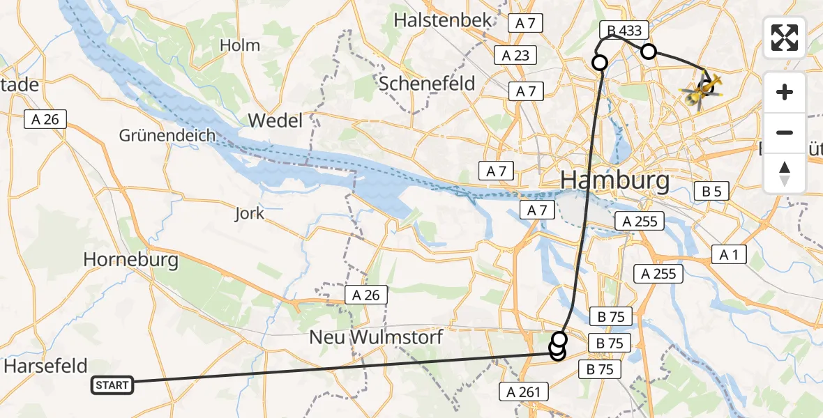 Flugroute Rettungshubschrauber Harsefeld - Hamburg Military Hospital, 29 Juni 2026, 13:10