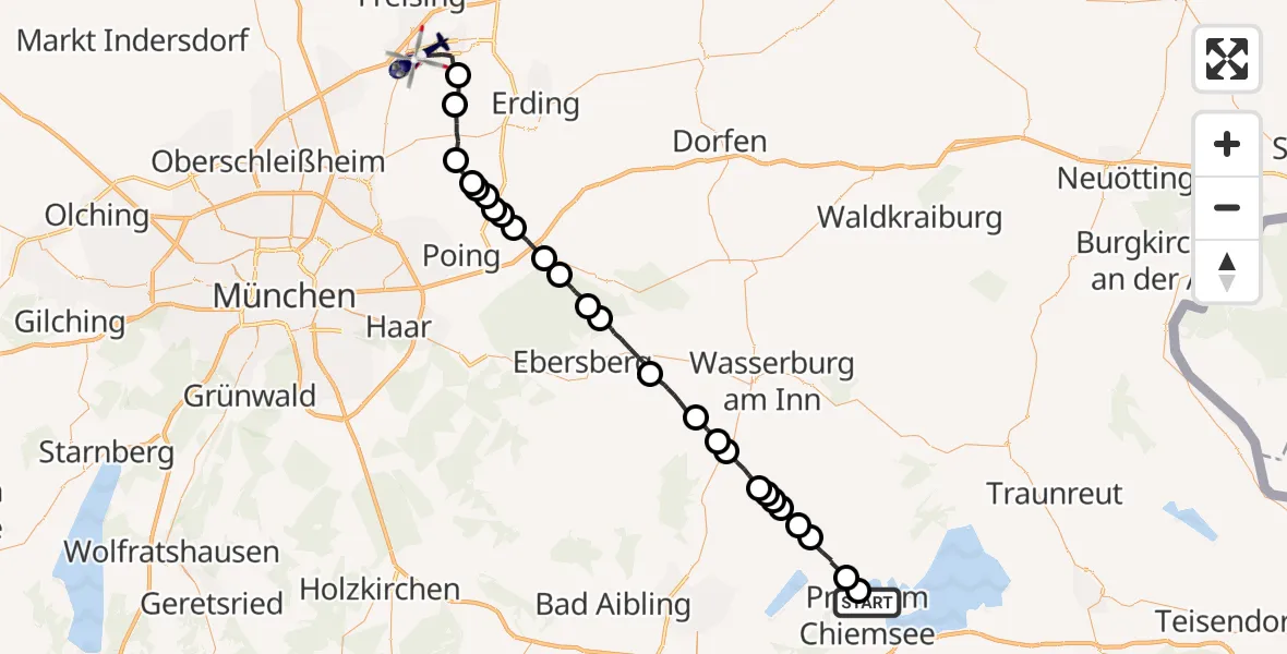 Flugroute Polizeihubschrauber Prien a.Chiemsee - München Flughafen, 29 Juni 2026, 13:18