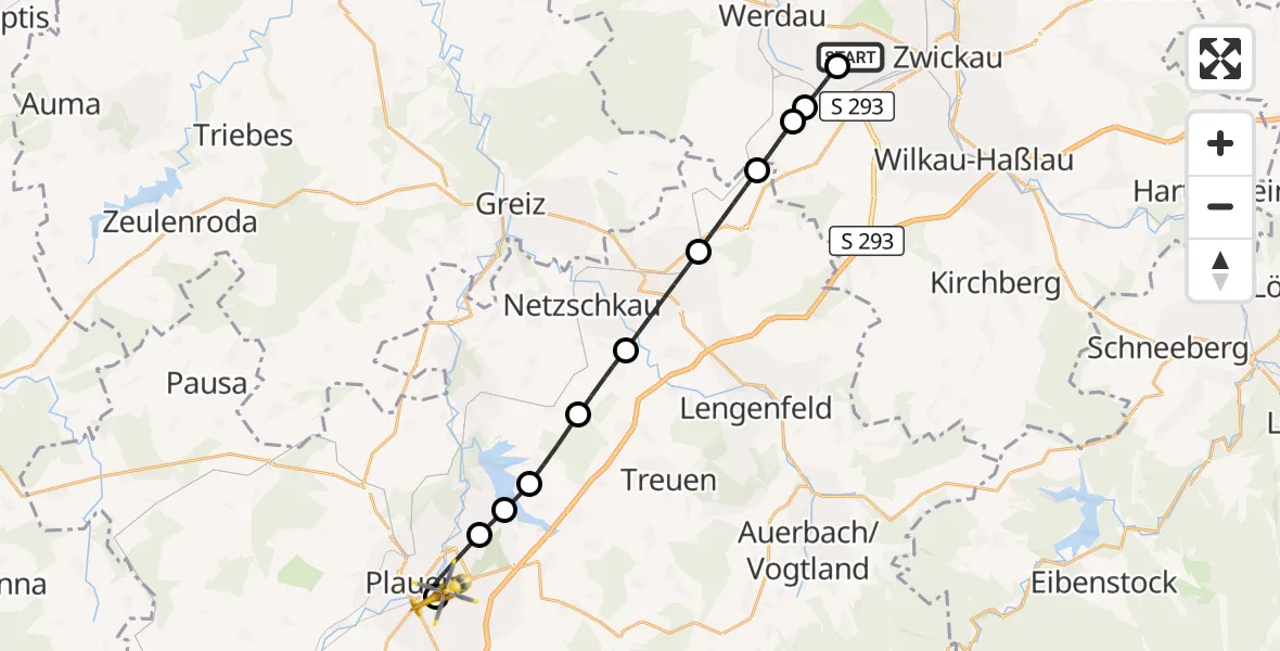 Flugroute Rettungshubschrauber ADAC Air Rescue Station Zwickau Hubschrauberlandeplatz - Helios Clinic Plauen, 29 Juni 2026, 13:18