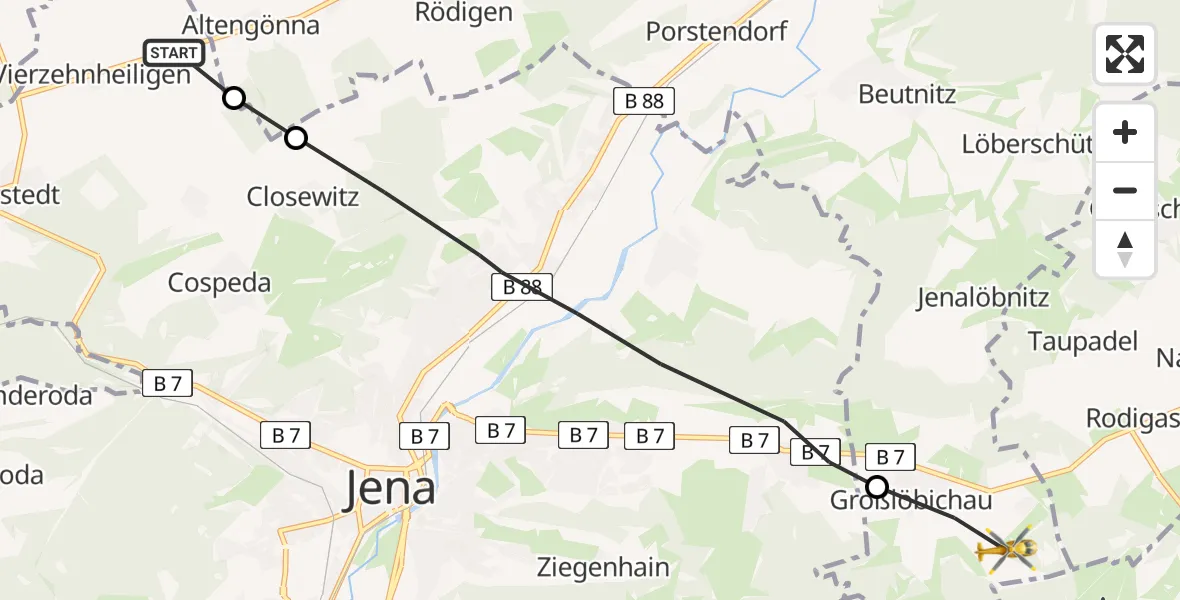 Flugroute Rettungshubschrauber Jena - Großlöbichau, 29 Juni 2026, 13:20