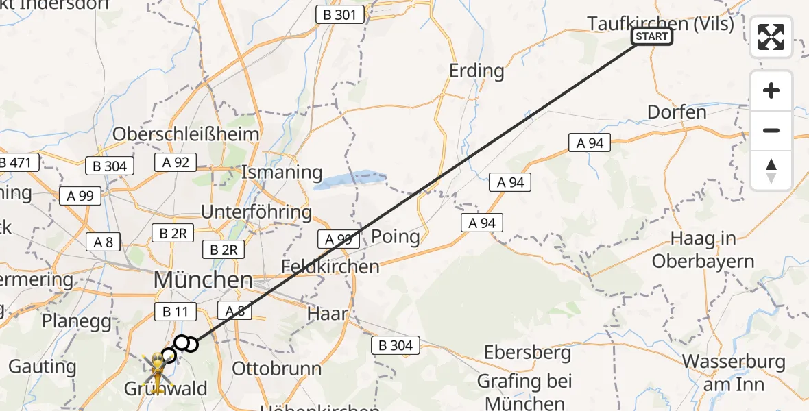 Flugroute Rettungshubschrauber Taufkirchen (Vils) - Pullach i.Isartal, 29 Juni 2026, 13:22
