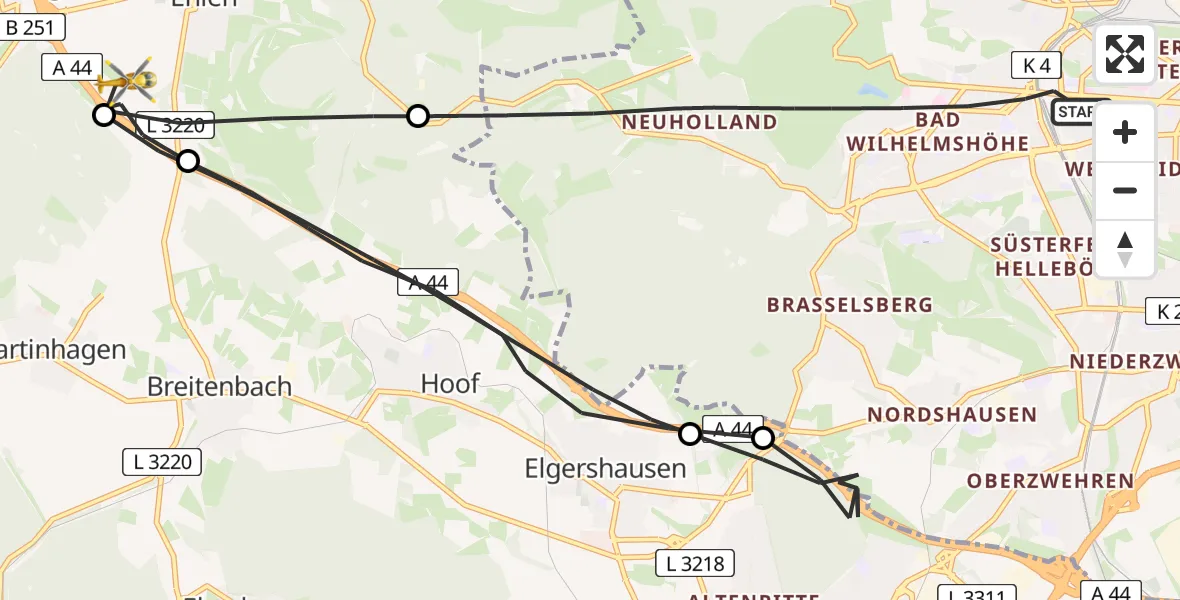 Flugroute Rettungshubschrauber Kassel - Habichtswald, 29 Juni 2026, 13:24
