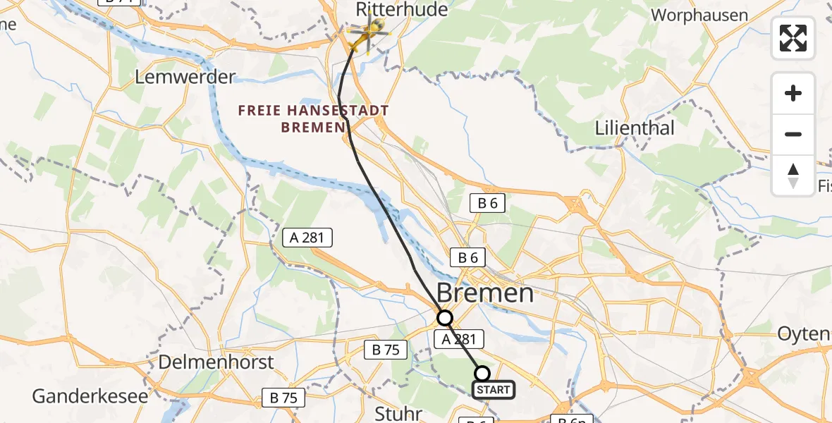 Flugroute Rettungshubschrauber ADAC Air Rescue Station Bremen Hubschrauberlandeplatz (Christoph 6) - Bremen, 29 Juni 2026, 13:24