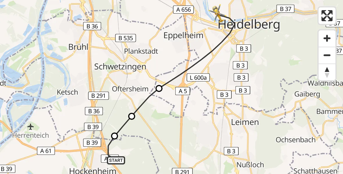 Flugroute Rettungshubschrauber Hockenheim - Heidelberg, 29 Juni 2026, 13:31
