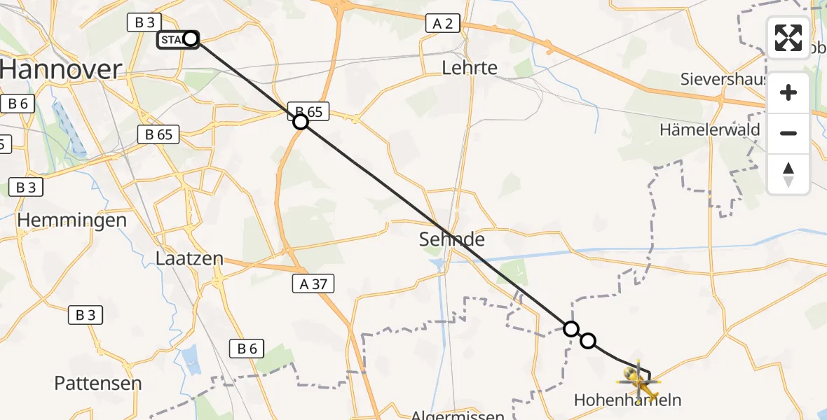 Flugroute Rettungshubschrauber Hannover Luftrettung Hubschrauberlandeplatz (Christoph 4) - Hohenhameln, 29 Juni 2026, 13:32