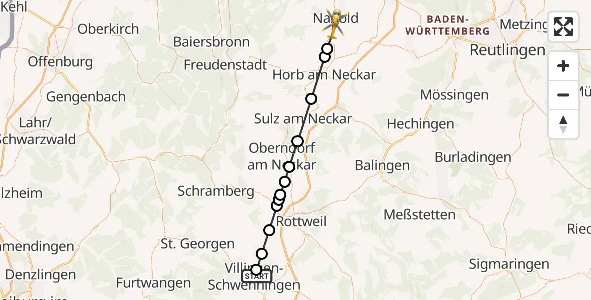 Flugroute Ambulanzhubschrauber DRF Air Rescue Station Villingen-Schwenningen Hubschrauberlandeplatz (Christoph 11) - Nagold, 29 Juni 2026, 13:33