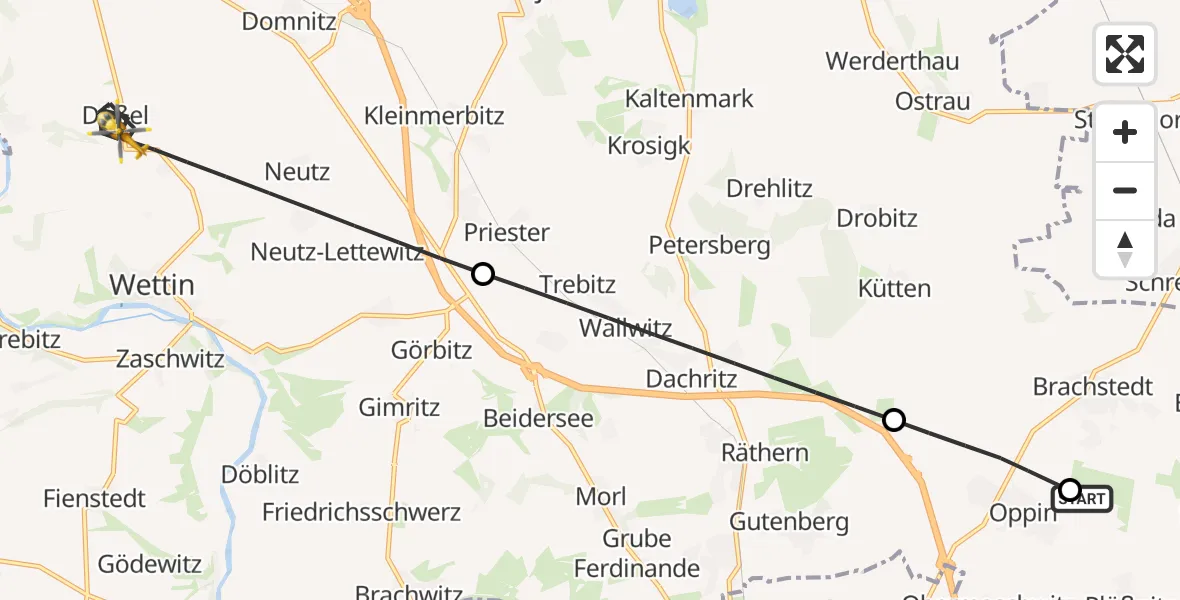 Flugroute Rettungshubschrauber Halle-Oppin Flugplatz - Wettin-Löbejün, 29 Juni 2026, 13:33