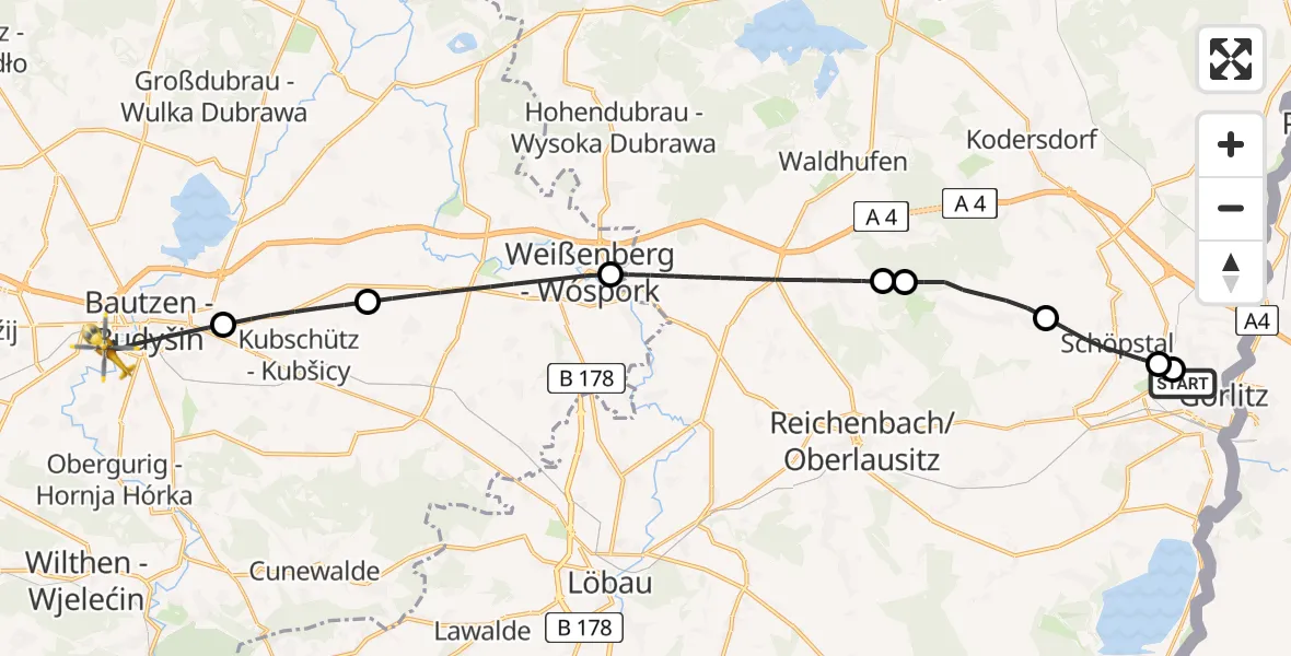 Flugroute Rettungshubschrauber Görlitz Hospital - Bautzen, 29 Juni 2026, 13:33