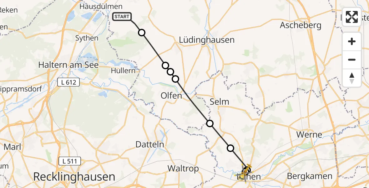 Flugroute Rettungshubschrauber Dülmen - Sankt Marien Hospital, 29 Juni 2026, 13:39