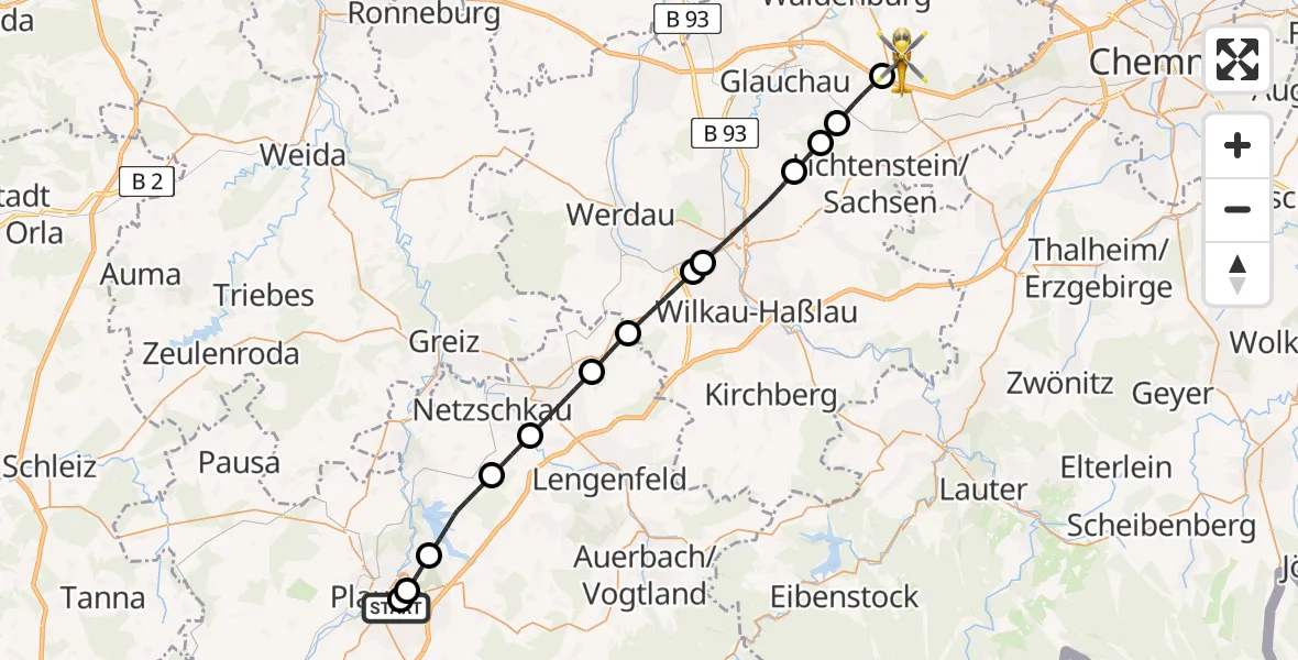 Flugroute Rettungshubschrauber Helios Clinic Plauen - Callenberg, 29 Juni 2026, 13:40