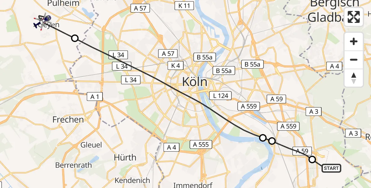 Flugroute Polizeihubschrauber Köln Bonn Flughafen - Pulheim, 29 Juni 2026, 13:44