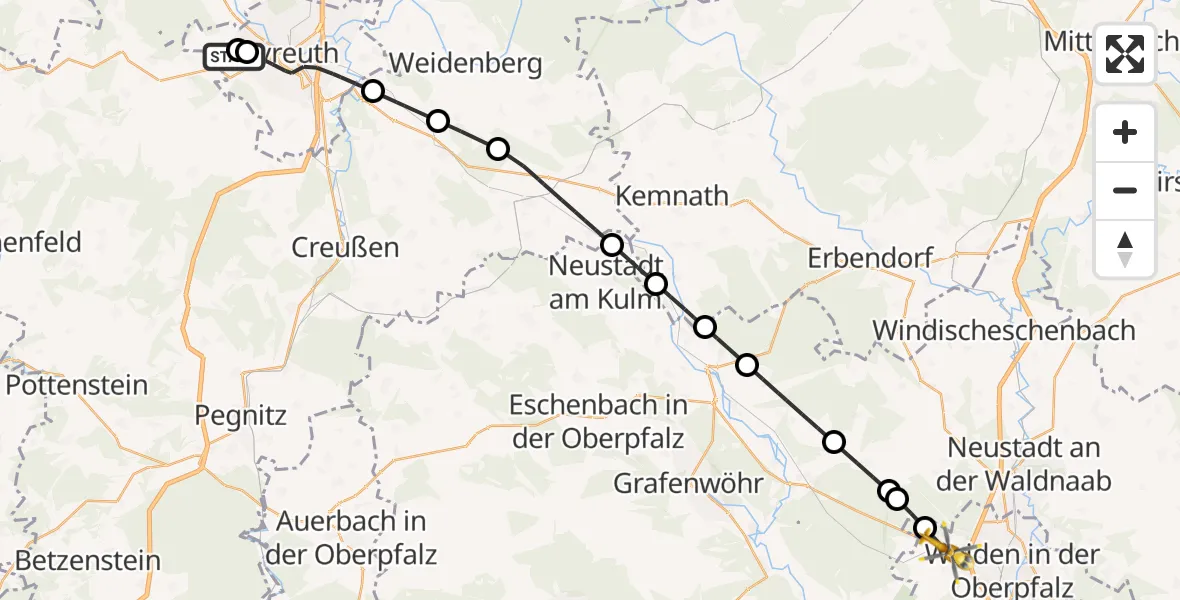 Flugroute Rettungshubschrauber Bayreuth Hospital - Weiden i.d.OPf., 29 Juni 2026, 13:45