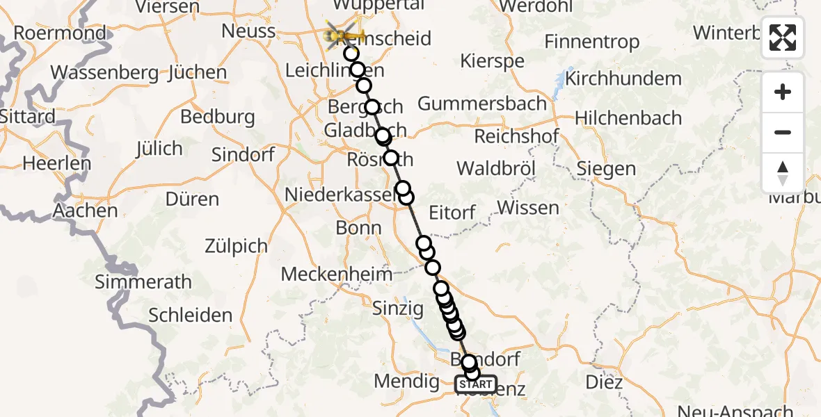 Flugroute Rettungshubschrauber Koblenz - Solingen, 29 Juni 2026, 13:45