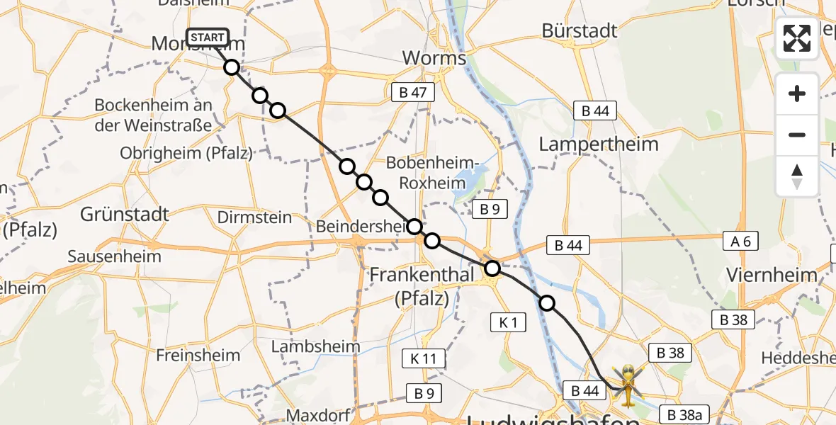 Flugroute Rettungshubschrauber Monsheim - Mannheim, 29 Juni 2026, 13:49