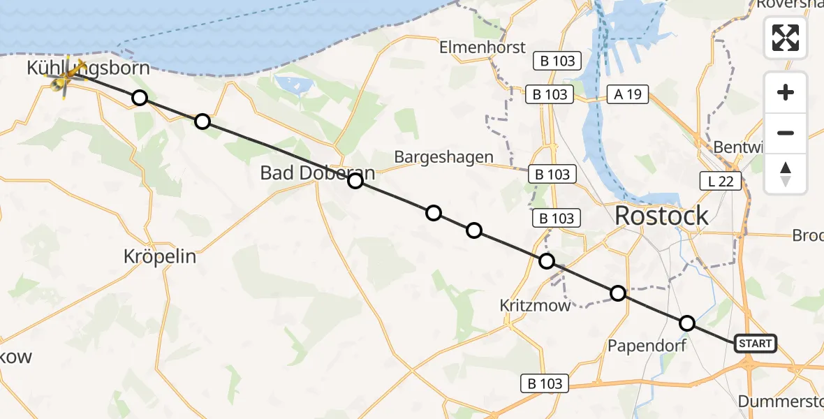 Flugroute Ambulanzhubschrauber Dummerstorf - Kühlungsborn, 29 Juni 2026, 13:51