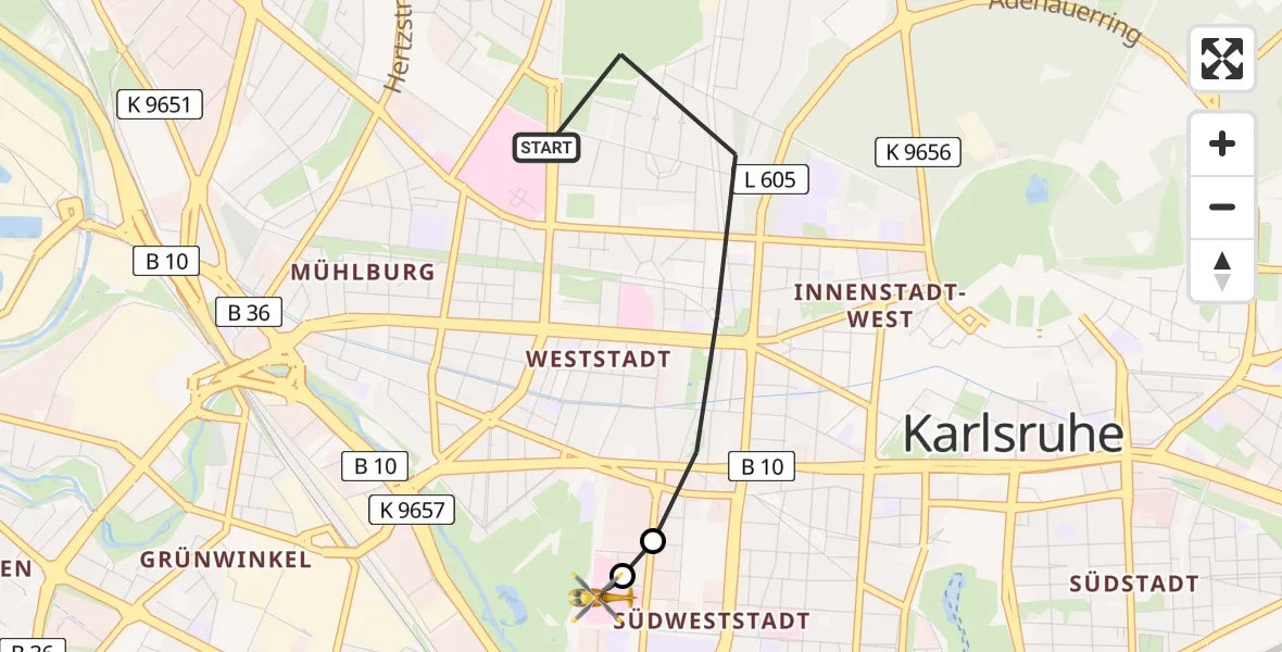 Flugroute Ambulanzhubschrauber Karlsruhe - Sankt Vincentius Hospital, 29 Juni 2026, 13:53