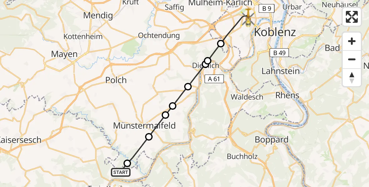Flugroute Rettungshubschrauber Müden (Mosel) - Koblenz, 29 Juni 2026, 14:01