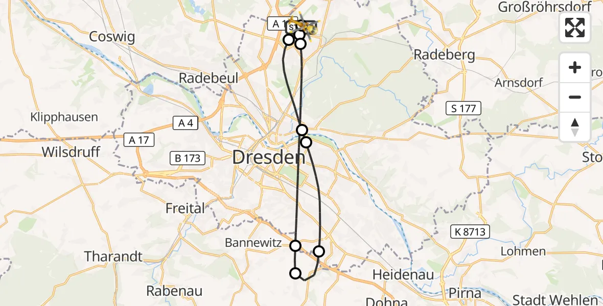 Flugroute Rettungshubschrauber Dresden Bundespolizei Hubschrauberlandeplatz - Dresden Bundespolizei Hubschrauberlandeplatz, 29 Juni 2026, 14:06
