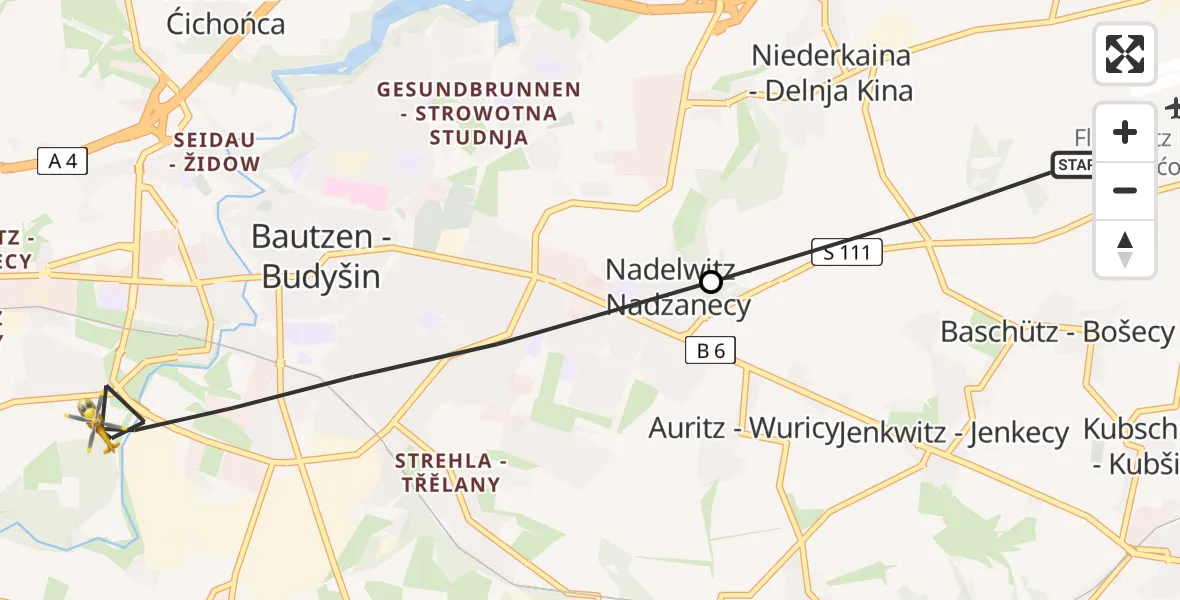 Flugroute Rettungshubschrauber Kubschütz - Bautzen, 29 Juni 2026, 14:06