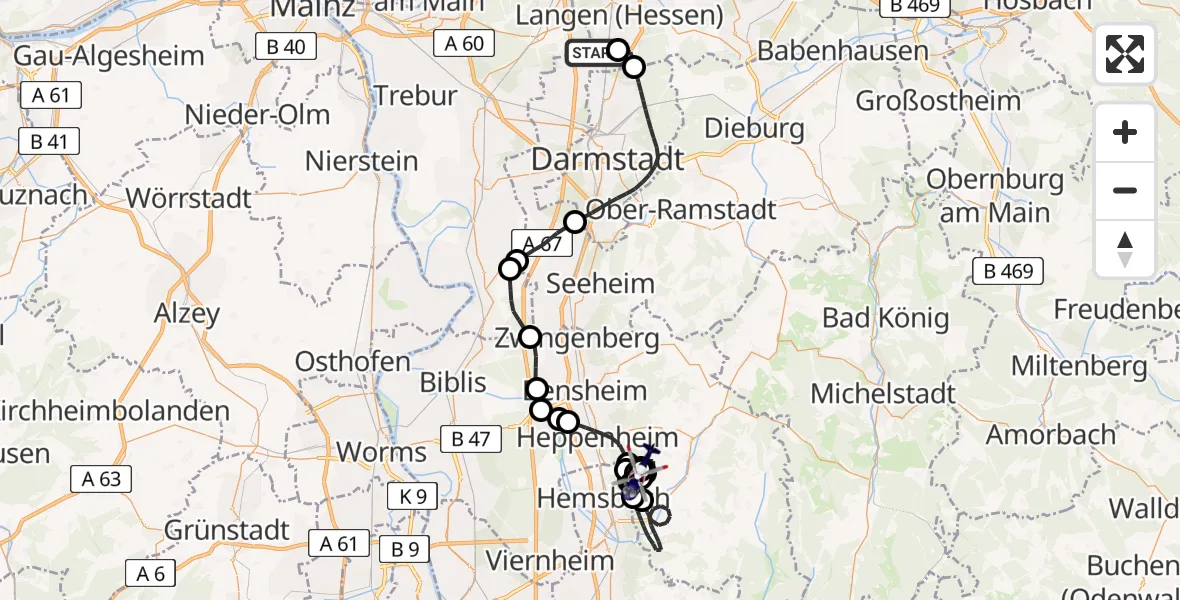 Flugroute Polizeihubschrauber Flughafen Frankfurt-Egelsbach - Heppenheim (Bergstraße), 29 Juni 2026, 14:10