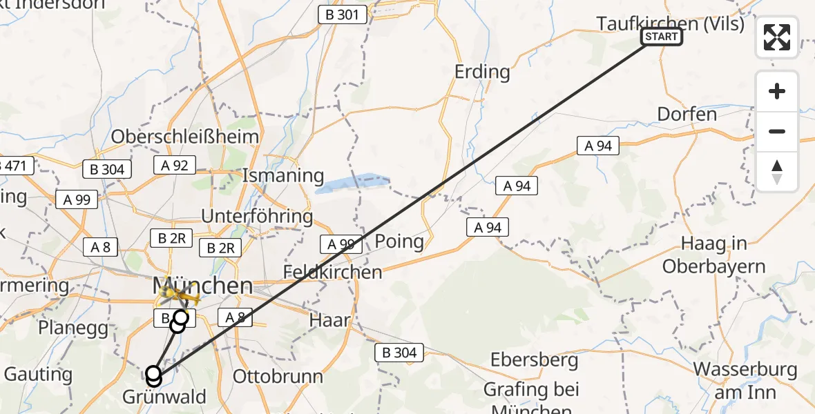 Flugroute Rettungshubschrauber Taufkirchen (Vils) - München, 29 Juni 2026, 14:13