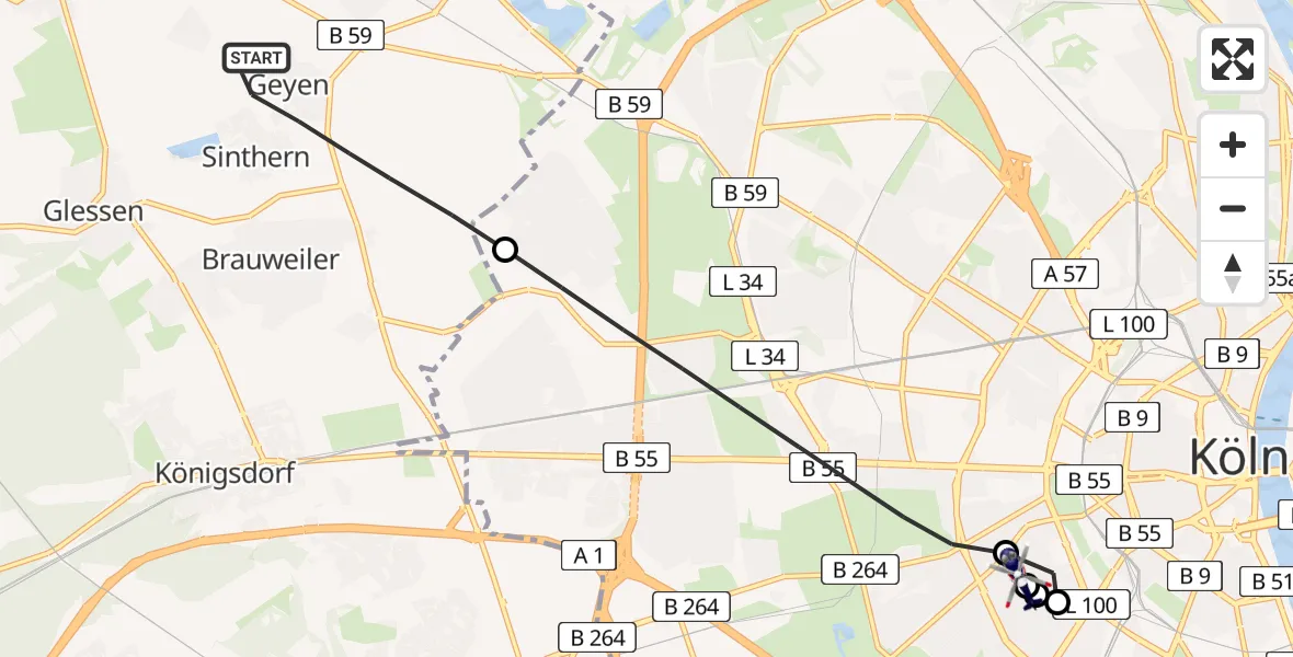 Flugroute Polizeihubschrauber Pulheim - Köln University Hospital, 29 Juni 2026, 14:13