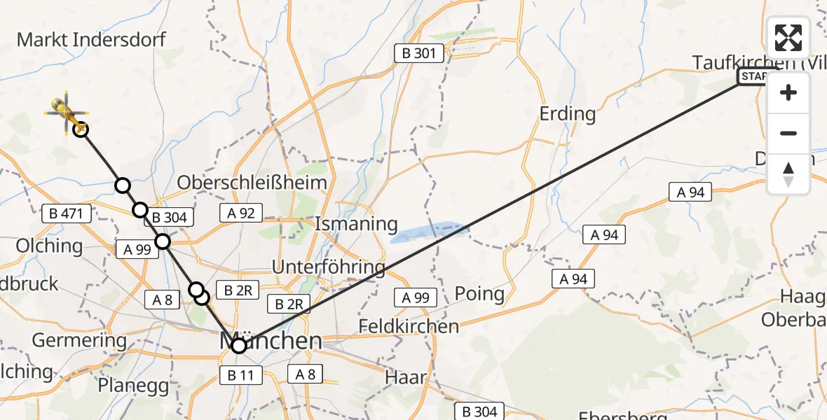 Flugroute Rettungshubschrauber Taufkirchen (Vils) - Schwabhausen, 29 Juni 2026, 14:18