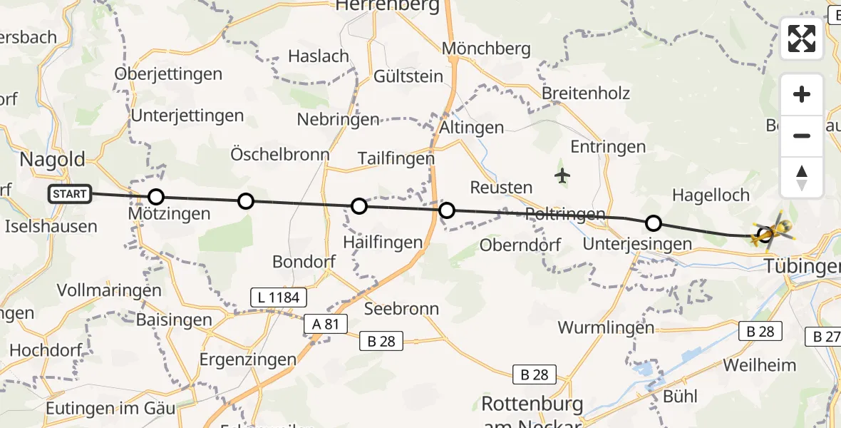 Flugroute Ambulanzhubschrauber Nagold - Tübingen University Hospital, 29 Juni 2026, 14:23