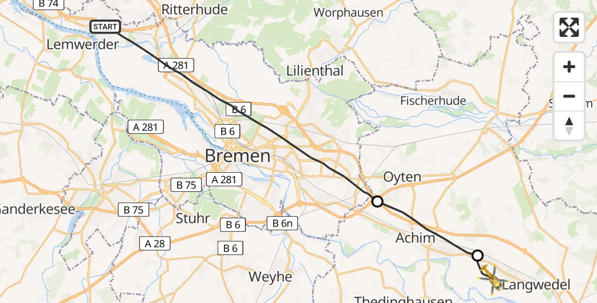 Flugroute Rettungshubschrauber Bremen - Langwedel, 29 Juni 2026, 14:25
