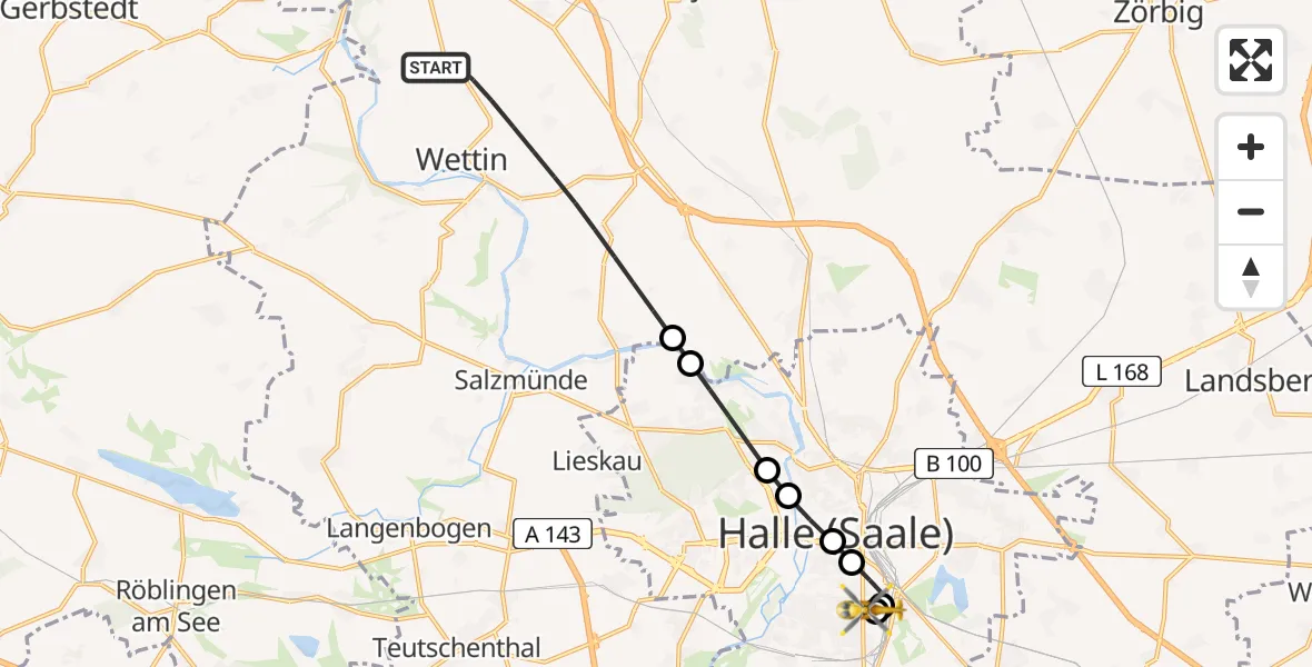 Flugroute Rettungshubschrauber Wettin-Löbejün - BG Hospital Bergmannstrost Halle, 29 Juni 2026, 14:26