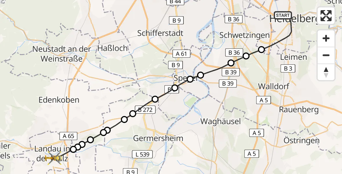 Flugroute Rettungshubschrauber Heidelberg - Landau in der Pfalz, 29 Juni 2026, 14:30