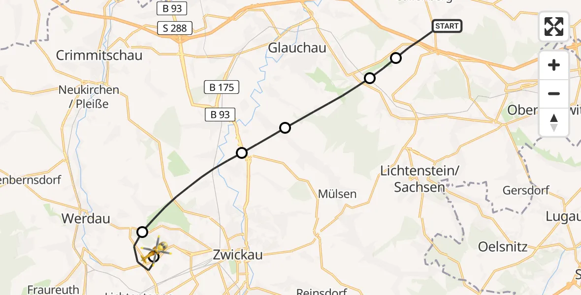 Flugroute Rettungshubschrauber Callenberg - ADAC Air Rescue Station Zwickau Hubschrauberlandeplatz, 29 Juni 2026, 14:31