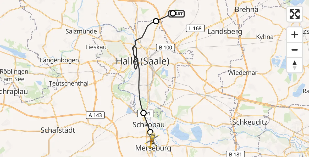 Flugroute Rettungshubschrauber Halle-Oppin Flugplatz - Merseburg, 29 Juni 2026, 14:34