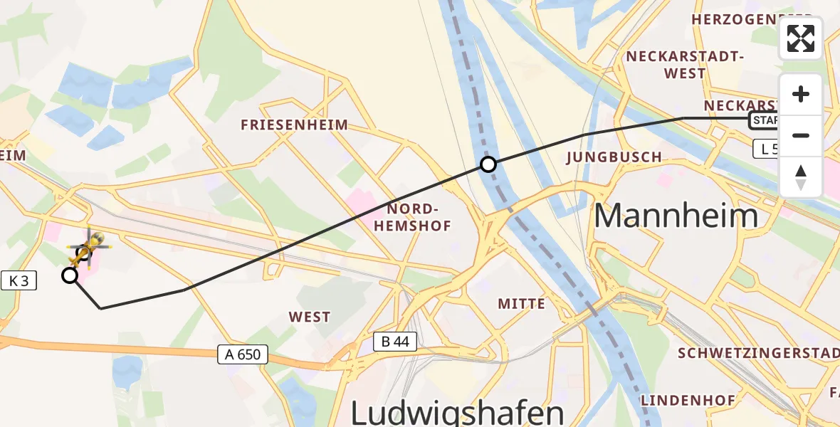 Flugroute Rettungshubschrauber Mannheim - Ludwigshafen Accident Hospital, 29 Juni 2026, 14:37