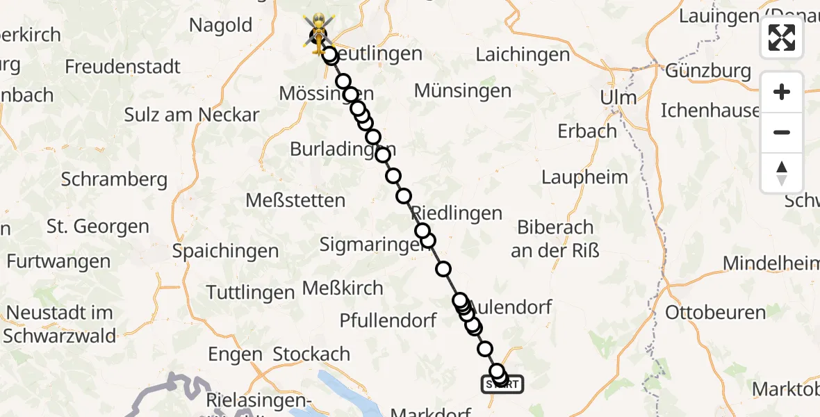 Flugroute Rettungshubschrauber Sankt Elisabeth Hospital - Tübingen University Hospital, 29 Juni 2026, 14:40