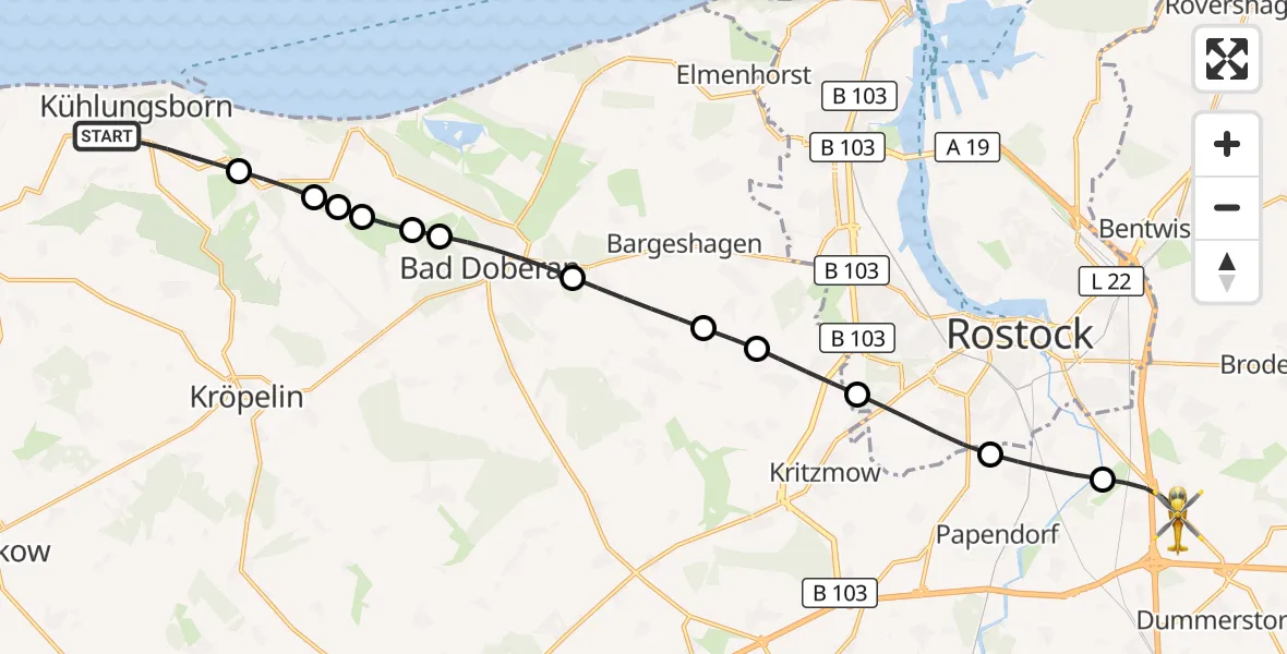 Flugroute Ambulanzhubschrauber Kühlungsborn - Dummerstorf, 29 Juni 2026, 14:40