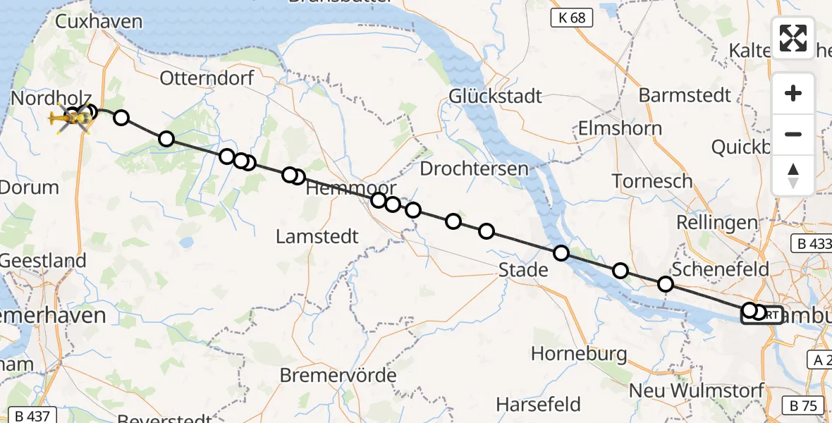 Flugroute Rettungshubschrauber Hamburg - Nordholz-Spieka Flugplatz, 29 Juni 2026, 14:45