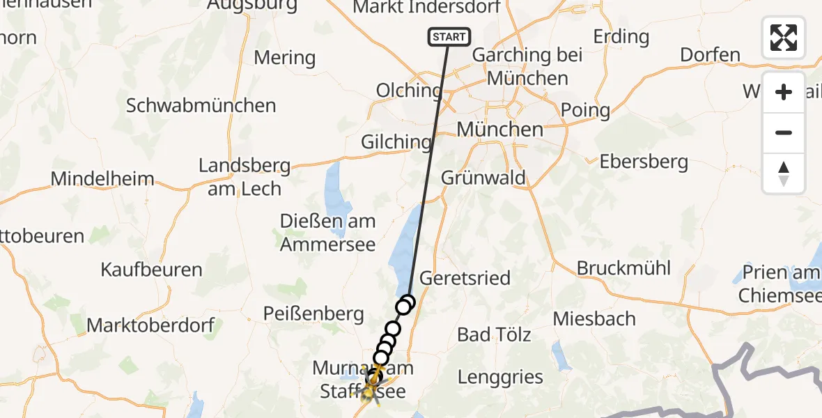 Flugroute Rettungshubschrauber Röhrmoos - Murnau a.Staffelsee, 29 Juni 2026, 14:50