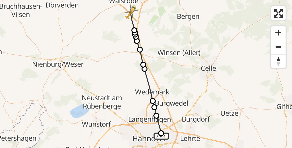 Flugroute Rettungshubschrauber Hannover Luftrettung Hubschrauberlandeplatz (Christoph 4) - Walsrode, 29 Juni 2026, 14:51