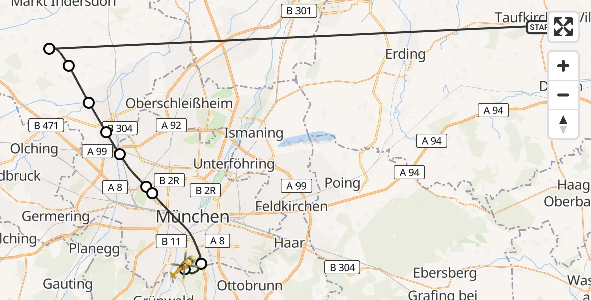 Flugroute Rettungshubschrauber Taufkirchen (Vils) - ADAC Air Rescue Center Hubschrauberlandeplatz (Christoph 1), 29 Juni 2026, 14:53