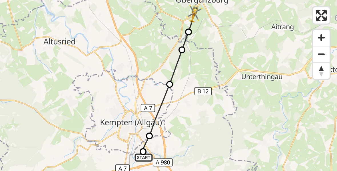 Flugroute Rettungshubschrauber Kempten-Durach Flugplatz - Günzach, 29 Juni 2026, 14:57