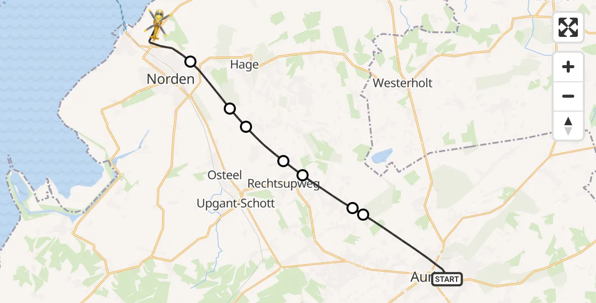 Flugroute Ambulanzhubschrauber Aurich - Norden, 29 Juni 2026, 14:59
